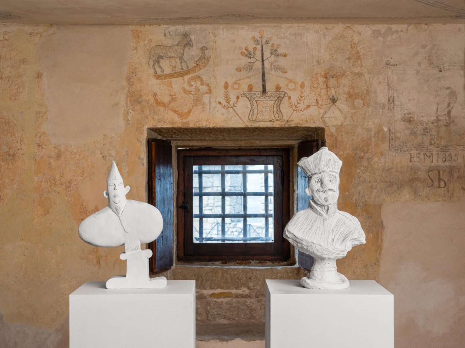 Early Works (Scipione Borghese A e B), 2021, veduta dell'installazione Torre Guaita, LRVM - Libera Repubblica Vedova Mazzei, San Marino, 2024 - Courtesy Claudio Poleschi Arte Contemporanea, ph Cosimo Filippini