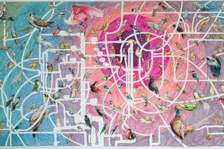 Eugenio Tibaldi, Simposio#07, 2022, watercolor, 220x150cm - Courtesy l'artista e Galleria Umberto di Marino Napoli, ph Barbara Sales