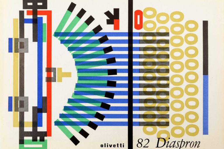 Giovanni Pintori, Copertina per dépliant della Olivetti 82 Diaspron, 1959, stampa pubblicitaria, 29,7 x 21,2 cm, Collezione MAN